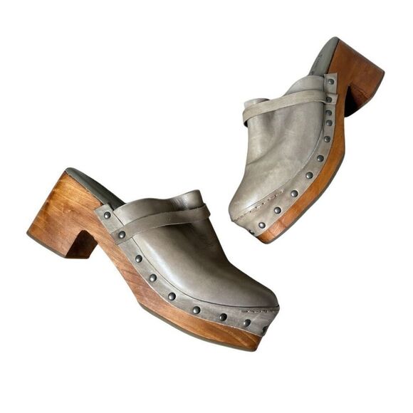 Free People Shoes - Free People Calabasas Tan Gray Chunky boho clogs Heels Studded